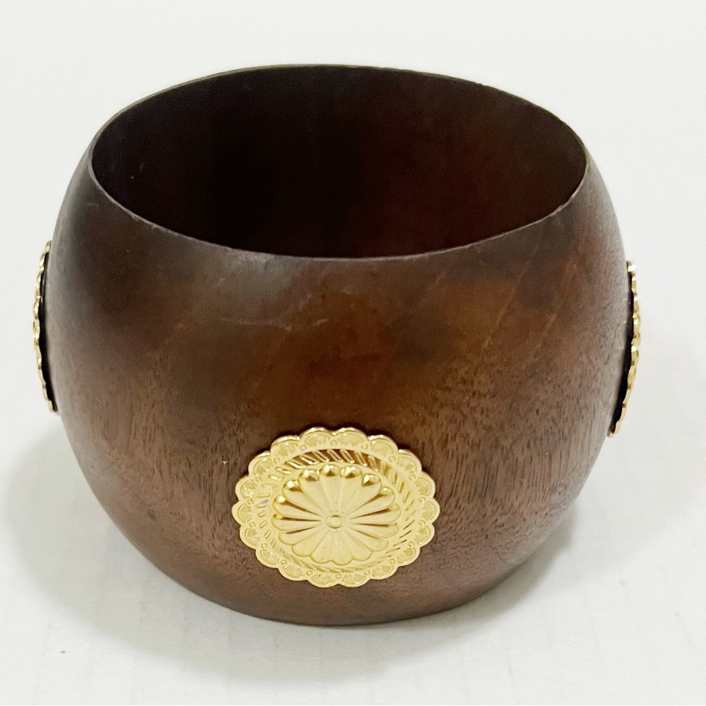 AV Max Large Teak Wood Chunky Bangle Bracelet Hammered Brass Grommet Details